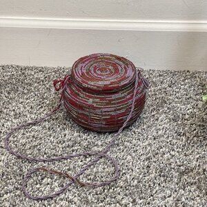 Vintage Art Deco Micro Beaded Bucket Bag Red Purple